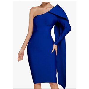 Womens Large Royal Blue Dress One-Shoulder Bowknot Bodycon Knee-Length